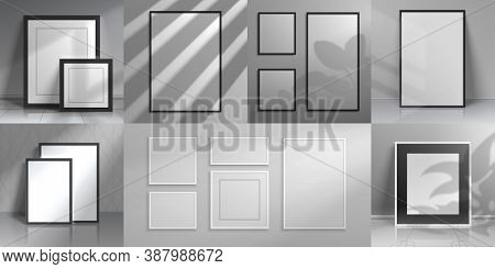 Realistic Interior Frames. 3d Mockups With Shadow Overlay From Windows And Home Plants For Poster An