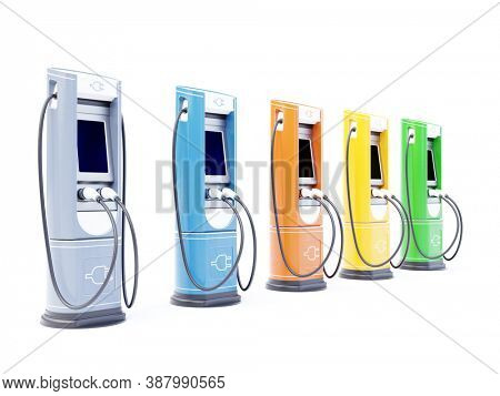 3D rendering of five EV charging stations on white background