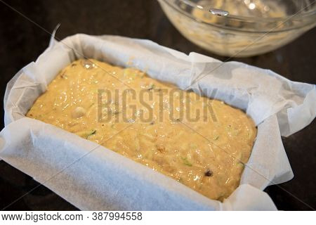 Courgette Zucchini Loaf Cake Mixture In A Tin (before Baking)