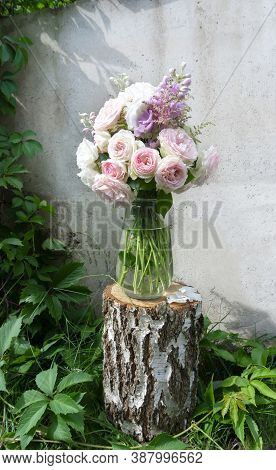 A Romantic Photo With A Bouquet Of Delicate Pink English Roses Standing In A Vase On A Birch Tree St
