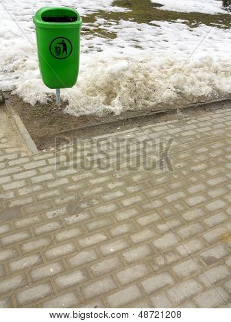 Green Pastic Garbage Bin Or Can On Street