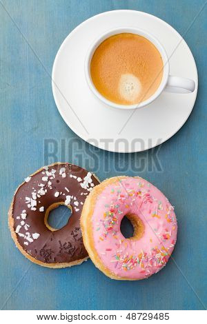 breakfast with fresh coffee and donuts