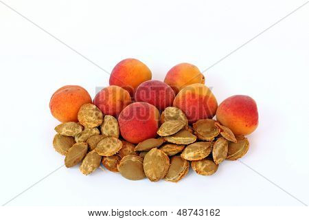 Apricots And Apricot Kernels, On White Background