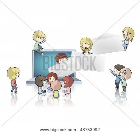 Kinderen rond Laptop verzenden enveloppen. Vector Design