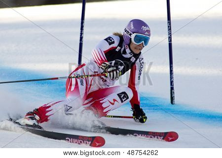 LIENZ, Rakousko 28 prosinec 2009. Michaela Kirchgasser AUT rychlostí dolů kurz chvíle soutěžíce v 