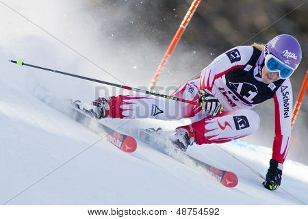 LIENZ, Rakousko 28 prosinec 2009. Michaela Kirchgasser AUT rychlostí dolů kurz chvíle soutěžíce v 