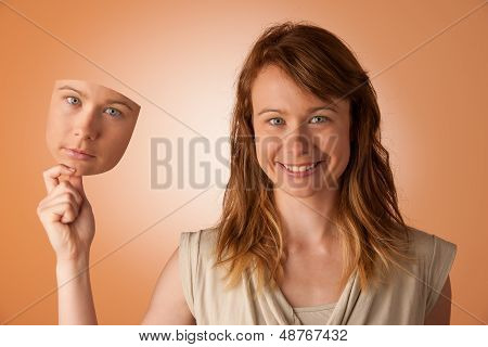 Woman Hiding Under The Happy Mask. Hypocritical, Insincere, Two-faced Female