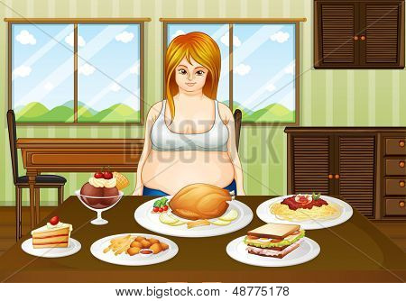 食品を持つテーブルの前に立って太った女性のイラスト