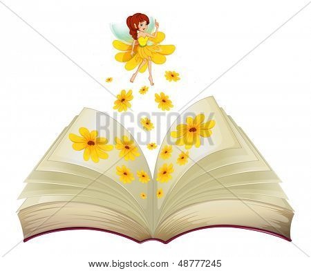 Illustration af en bog med en fe og blomster på en hvid bckground 