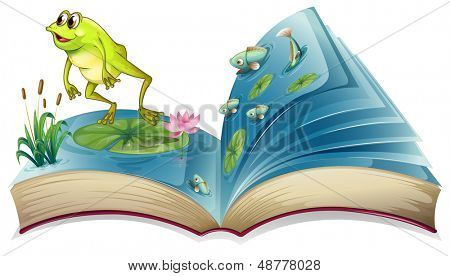 Illustrazione di un libro con un'immagine di una rana e pesci su sfondo bianco
