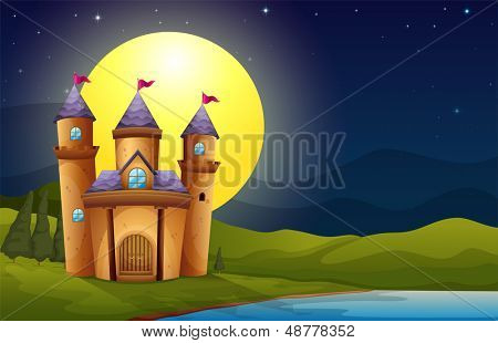 Ilustração de um castelo em um cenário de lua cheia