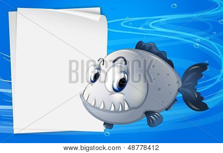 Ilustrace piranha vedle prázdného značení pod mořem