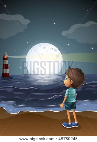 해변에서 풀 문 보고 어린 소년의 그림