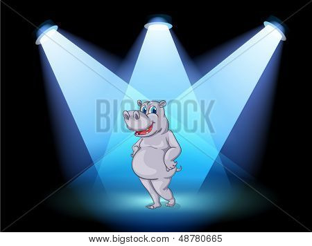 Illustrazione di un palco con una standing ippopotamo in mezzo