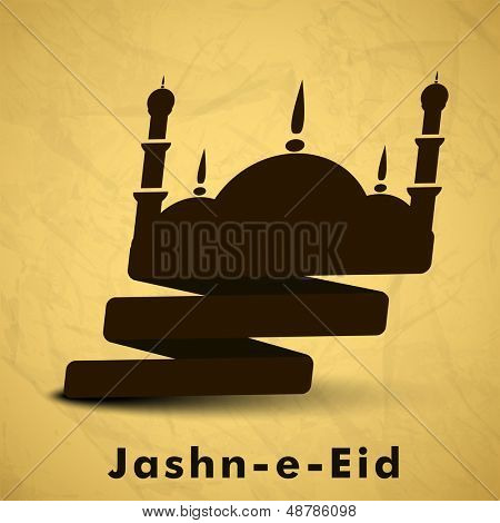 Jashn E Eid (Celebration of festival Eid) Concept with mosque on grungy brown background. 