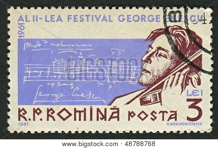 ROMANIA - CIRCA 1961: Un francobollo stampato in Romania Mostra immagine del George Enescu (conosciuto in Francia 