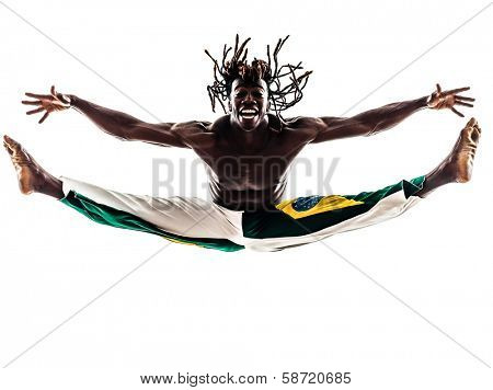 one brazilian black man dancer dancing capoeira on white background