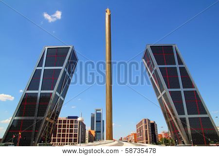 MADRID, SPAIN - JULY 23, 2010: Puerta de Europa or Torres KIO towers from 1996 with 114 meters high are inclined 15 degrees from the vertical, located in Plaza Castilla of Madrid, July 23, 2010.
