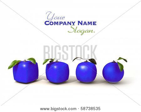 Line of blue citric fruit in different shapes, from cubic to a normal round one