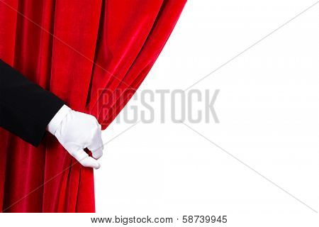 Close up of hand in white glove open the curtain. Place for text