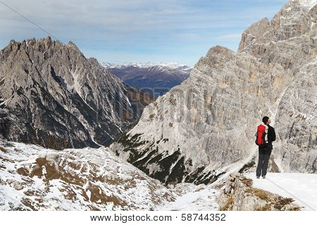 Alpinist climbing ferrata La torre di Toblin (2.617 m), Dolomites, Italy, Europe