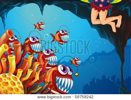Illustration of a group of fish watching the young girl