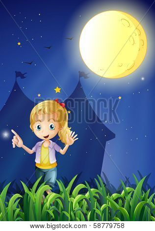 Illustration of a girl under the bright fullmoon