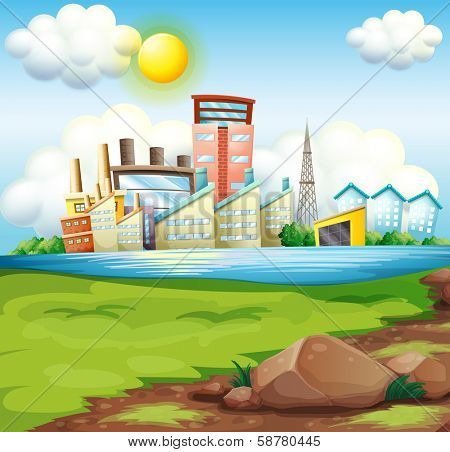 Illustration of the factories near the river