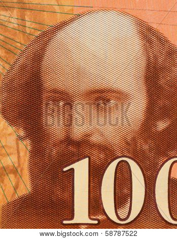 FRANCE - CIRCA 1997: Paul Cezanne (1839-1906) on 100 Francs 1997 Banknote from France. Influential French artist and Post-Impressionist painter.