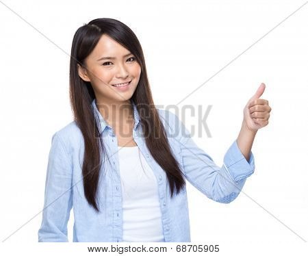 Young asia woman thumbs up isolated