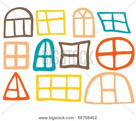 Hand drawn set of different windows. Elements for design.