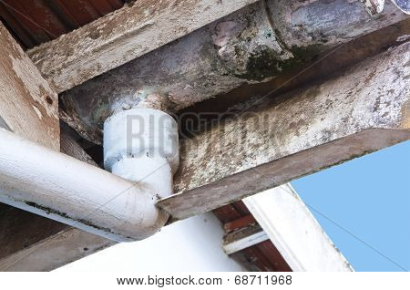 Closeup Of Flaking Asbestos Guttering In Need Of Maintenance