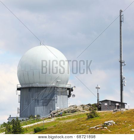 GROSSER ARBER, GERMANY - JULY 16 2014: NATO distant early warning, high-resolution radar on 1456 m high peak in Bayerische Wald. National park in Bavaria.