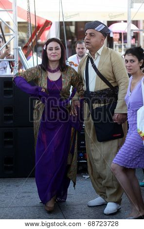 ZAGREB, CROATIA - JULY 18: Members of folk group Payiz from Sulaimaniya, Kurdistan, Iraq during the 48th International Folklore Festival in center of Zagreb, Croatia on July 18, 2014
