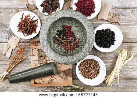 Traditional chinese herbal medicine ingredients with not real hieroglyphs, close-up