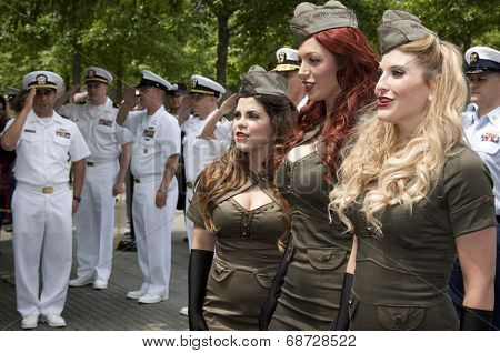 NEW YORK - MAY 23, 2014: The American Bombshells sing prior to the ceremony by the fountains at the WTC during Fleet Week NY.