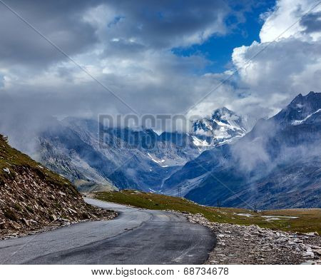 Road in Himalayas. Rohtang La pass, Himachal Pradesh, India