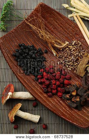 Traditional chinese herbal medicine ingredients, close-up