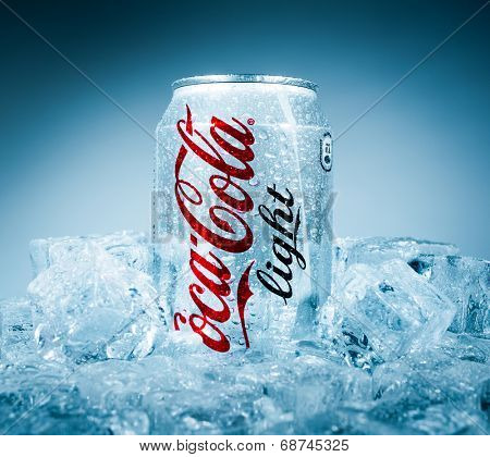 MOSCOW, RUSSIA-APRIL 4, 2014: Can of Coca-Cola Lignt on ice. Coca-Cola is a carbonated soft drink sold in stores, restaurants, and vending machines throughout the world.