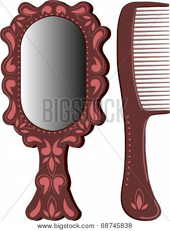 Set from an oval mirror in a brown frame and hairbrushes