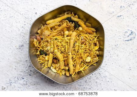 Indian snack savouries called mixture made from gram flour fried in sunflower oil