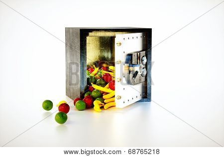 3D Render Image Of Safe Deposit Box With Fruits