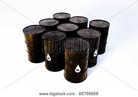 3D Image Of Oil Barrels With White Background