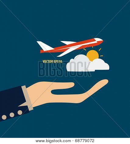 Hands holding plane. Vector illustration.