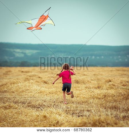 happy little girl witha kite in a field