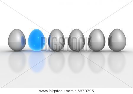 Six Metallic Eggs In A Line - Grey And Blue Translucent