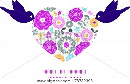 Vector vibrant floral scaterred birds holding heart silhouette frame pattern invitation greeting car