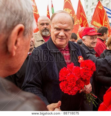MOSCOW, RUSSIA - MAY 1, 2013: During the celebration of May Day in the centre of Moscow. Gennady Zyuganov (First Secretary of the Communist Party of the RF) during procession.
