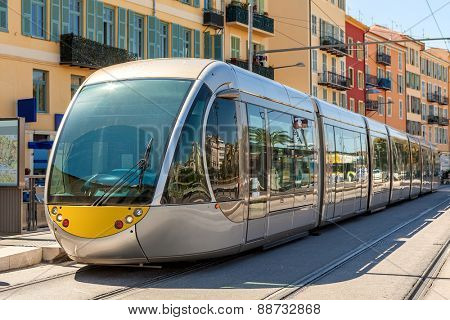 Modern tram on the stop in city of Nice, France.