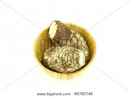 Close Up Fresh Taro In Wooden Bowl